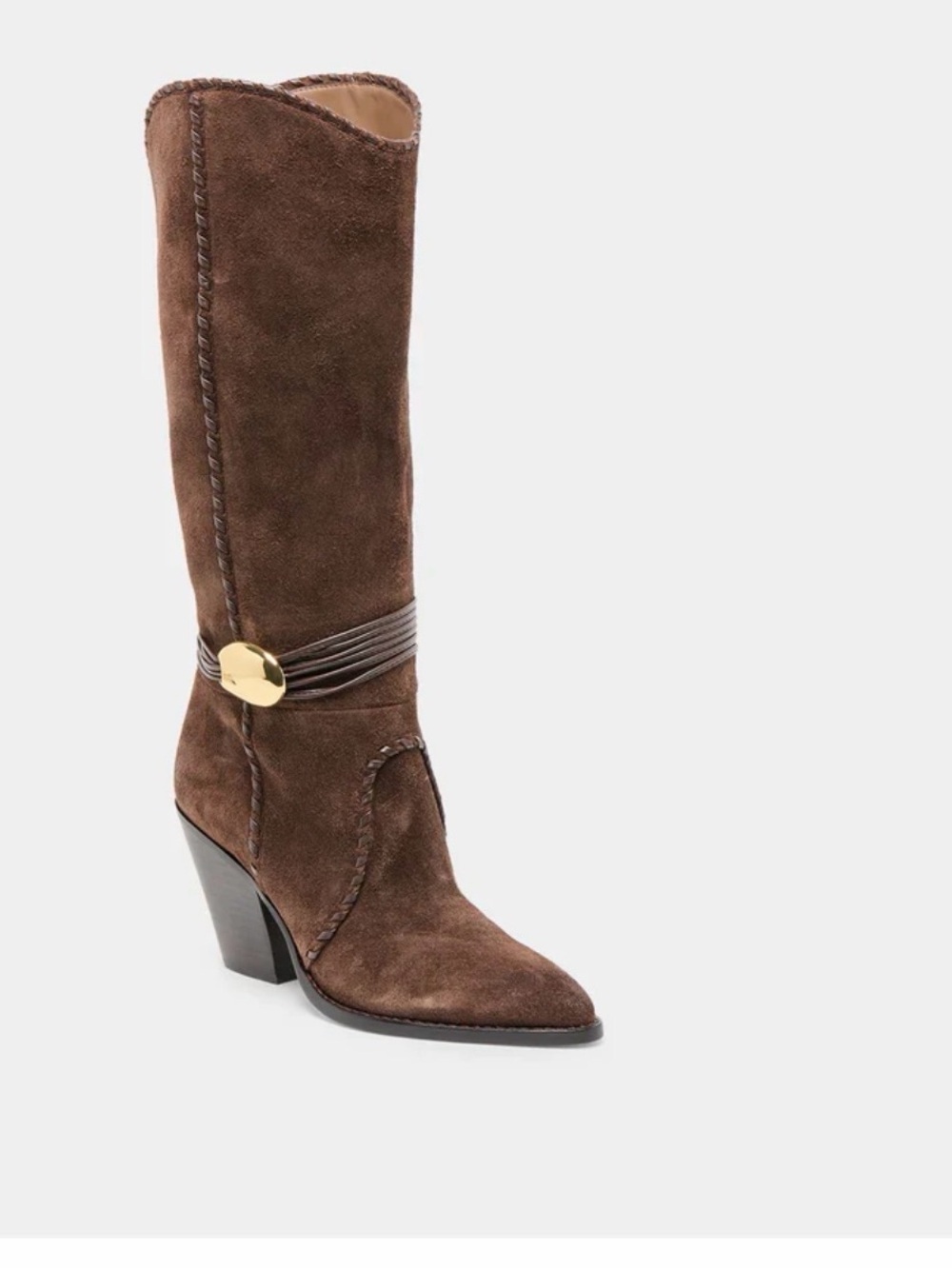Dolce Vita Brown Suede Mid-Calf Heeled Boots with Gold Accent